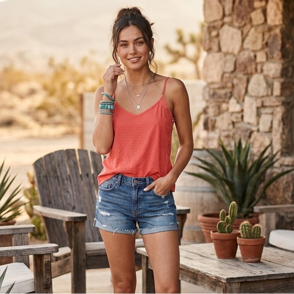 Idyllwind Coral Dobby Dot Embroidered Cami Tank Small NWOT